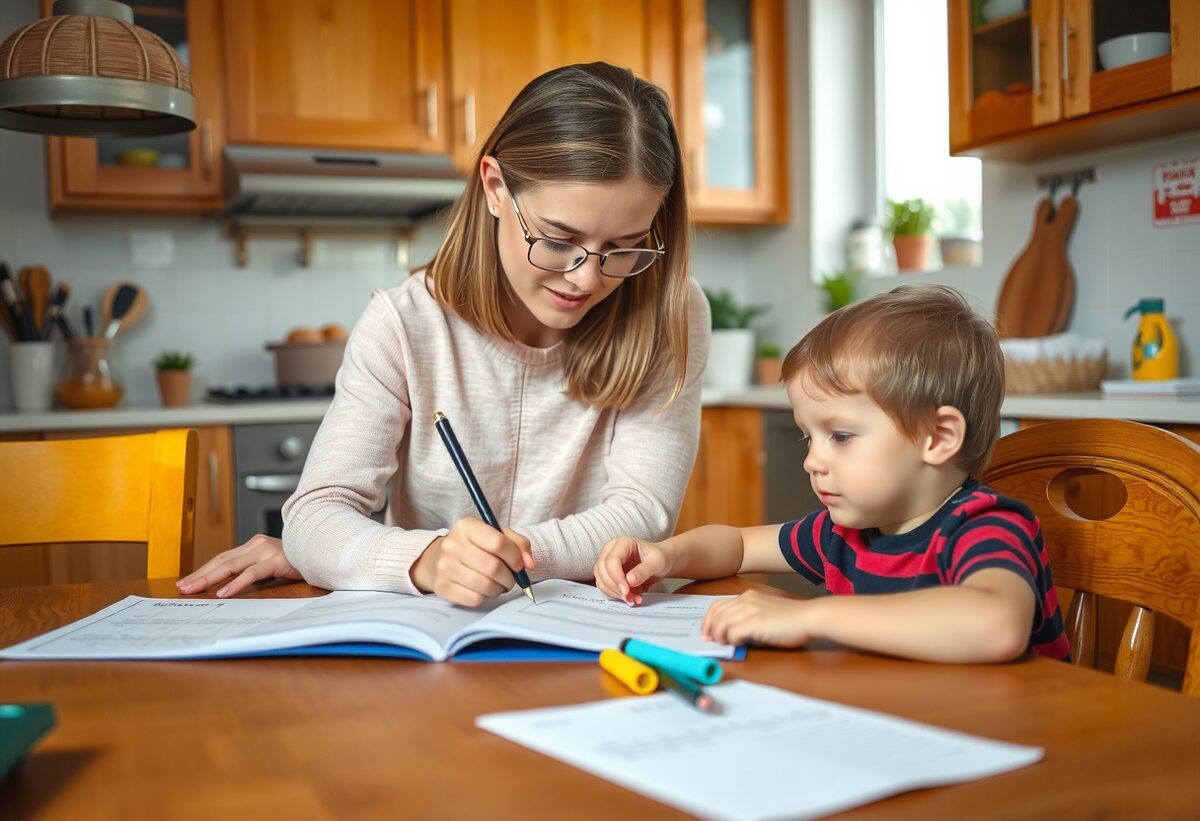 A mother helping her child practise writing with the workbook at home