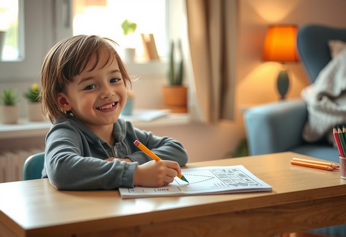 A happy child practising with their personalized workbook at home